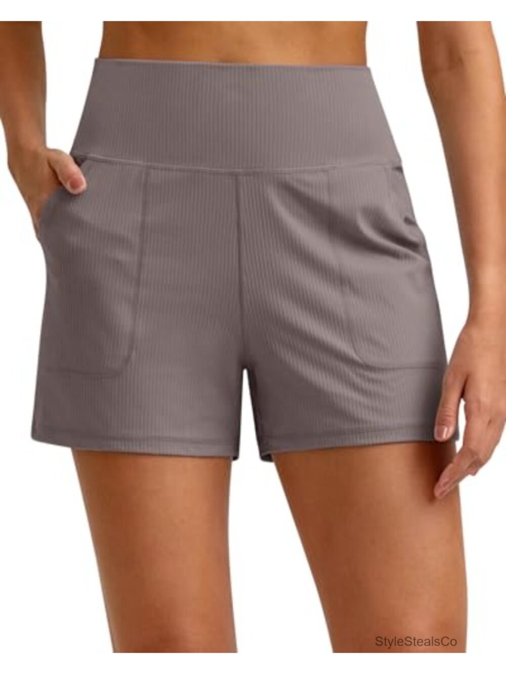 Ribbed Stretchy High Waisted Athletic Running Shorts with Pockets